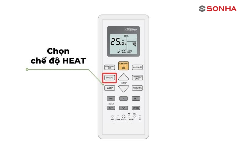 Chọn chế độ HEAT để kích hoạt chế độ sưởi ấm