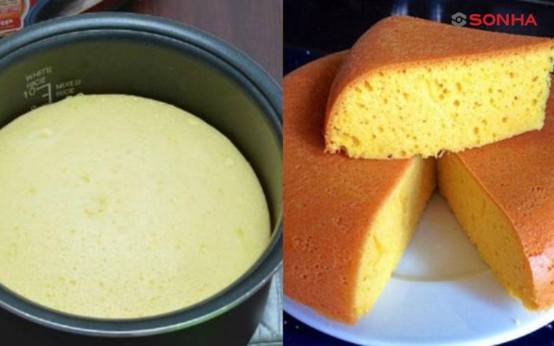 Bánh gato nở xốp đẹp mắt với bề mặt vàng đều trong nồi cơm điện