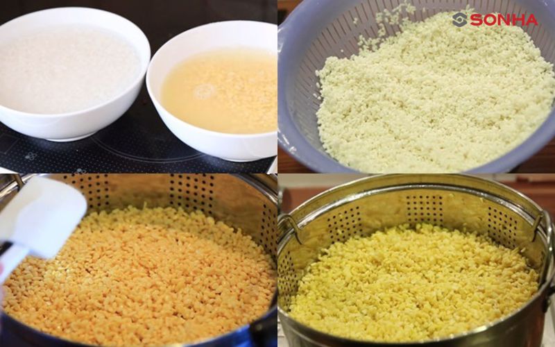 Các bước nấu xôi đậu xanh trong nồi cơm điện từ ngâm gạo đến khi xôi chín vàng óng