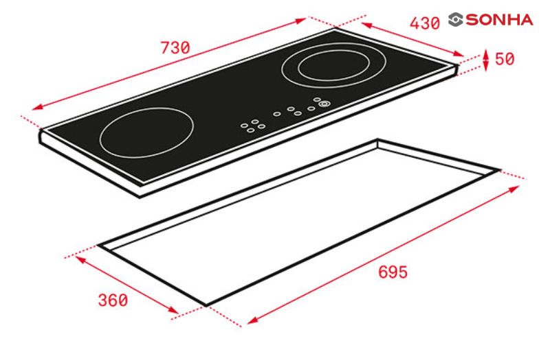 Bếp từ âm đôi với hai vùng nấu độc lập được lắp đặt trên mặt đá granite